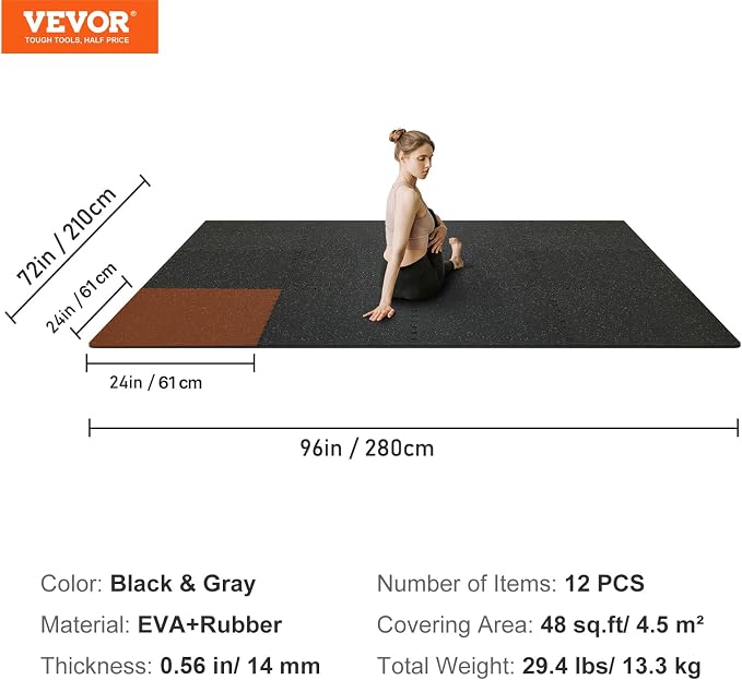 VEVOR 0.56Inch 48sq.ft 12 Tiles Gym Flooring for Home Gym, Rubber Top with High Density EVA Foam, 25 x 25In Gym Floor Exercise Equipment Mats, Interlocking Gym Mats, Puzzle Workout Mats, Black & Gray | Rubber Top with High Density EVA Foam, 25 x 25 in ...