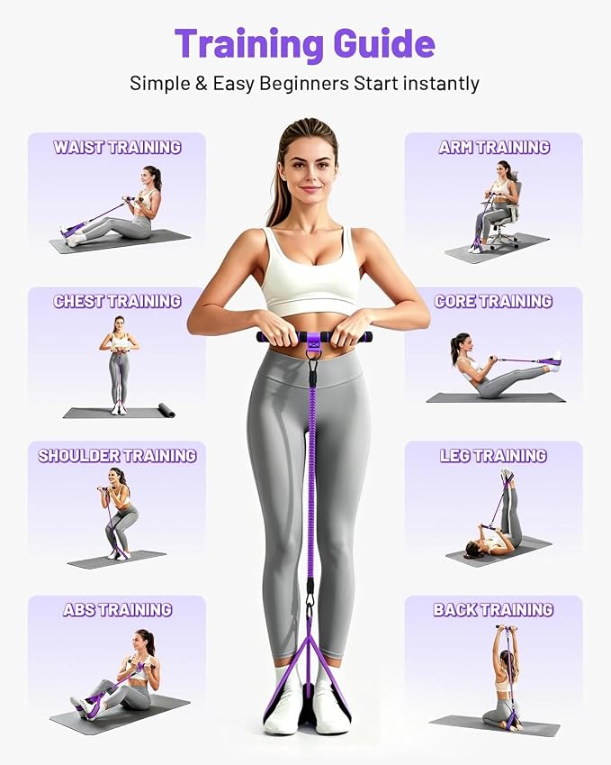 Multifunction Pedal Resistance Band with Handle, 4 Tubes 30/40/50LB Adjustable Foot Pedal Puller Resistance Band with Foam Handle& Storage for Men Women Core, Arm, Legs, Body Workout Home Gym, Purple