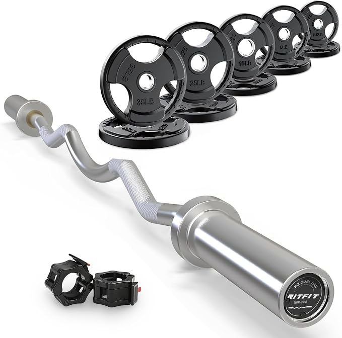 RitFit 2 Inch EZ Curl Bar Olympic Barbell with Weight Plates & Collar | 4FT EZ Curl Bar with 35LB Weight Plates, Collars for Bicep, Tricep Workout, Weightlifting, 350LBS Weight Capacity