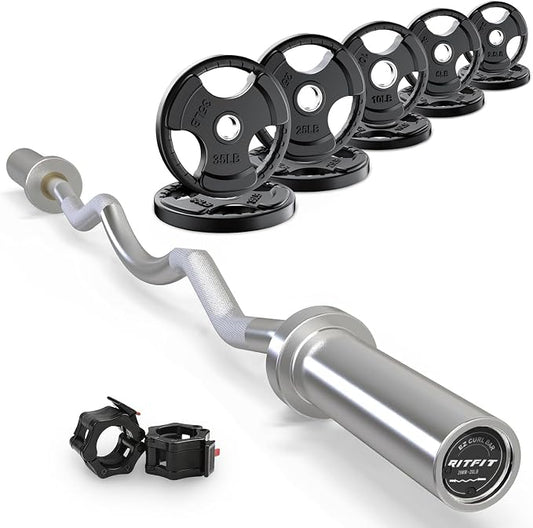 RitFit 2 Inch EZ Curl Bar Olympic Barbell with Weight Plates & Collar | 4FT EZ Curl Bar with 35LB Weight Plates, Collars for Bicep, Tricep Workout, Weightlifting, 350LBS Weight Capacity
