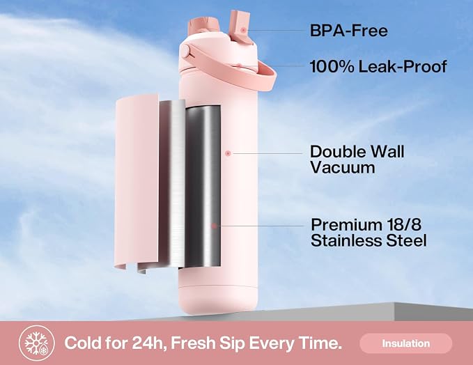 POWCAN 26 oz Insulated Water Bottle with 2-in-1 Straw and Spout Lid, Keep Cold 24H, Leak-Proof, Fits in Car Cup Holder, Stainless Steel Water Bottle for Gift, Holiday, Trip, School (Aflutter in Bloom)