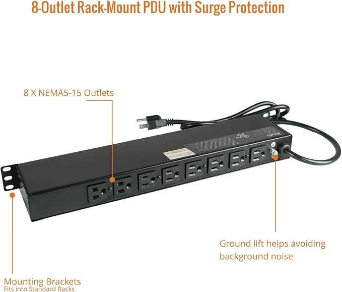 Tecmojo 1U Rack-Mount Horizontal 8-Outlet PDU, UL Listed PDU with Surge Protection 6ft Cord Power Distribution for IT and Network Server Racks