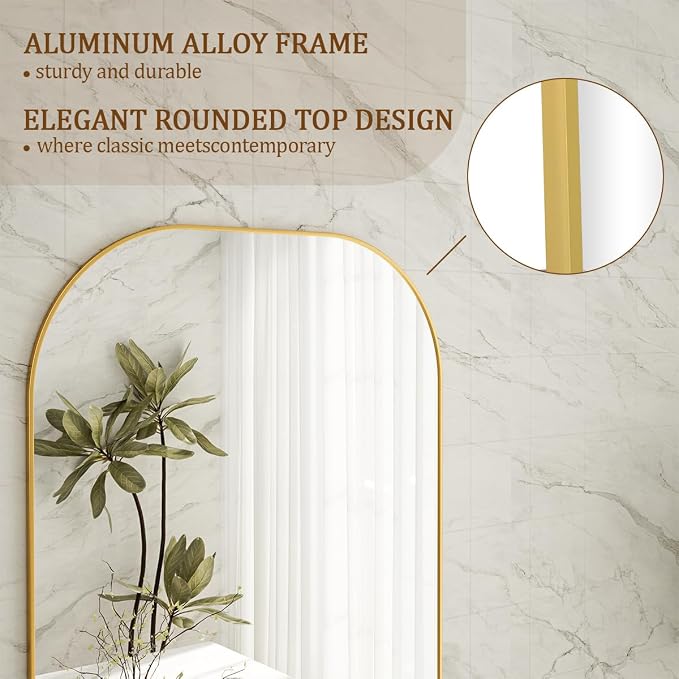 Koonmi Full Length Mirror, 56"x21" Mirror Full Length with Stand | Domed Top Square-Edged ShatterProof Floor Mirror with Gold Aluminum Alloy Frame for Bedroom Living Room Home Gym