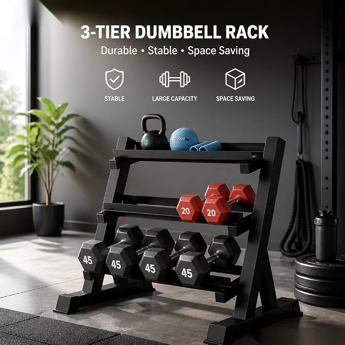 YOLEO Dumbbell Rack Stand Only, 1100LBS Heavy Duty Weight Rack for Home Gym, Adjustable 3-Tier Weight Storage Rack for Dumbbells, Barbells, Kettlebells & Weight Plates, Compact Workout Equipment Organizer