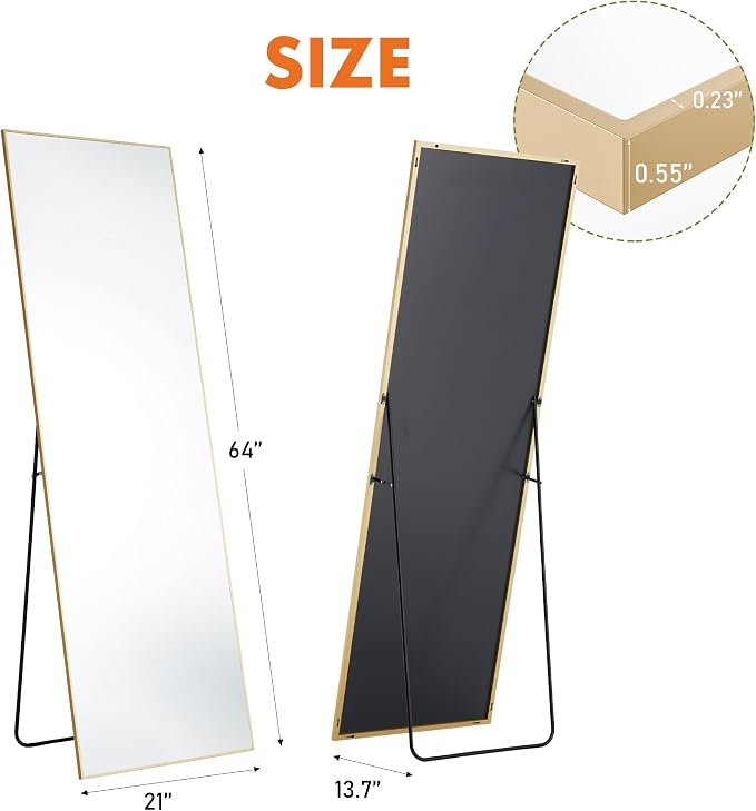 OLIXIS 64"x21.5" Full Length Mirror with Stand, Body Mirror | Shatter-Proof Glass, Hanging or Leaning for Wall, Floor Standing, Bedroom Living Room, Long, Gold