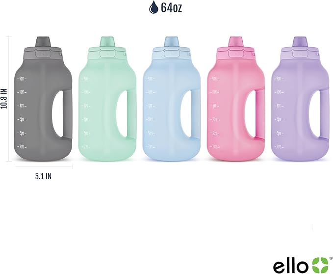Ello Hydra 64oz BPA-Free Plastic Water Jug with Time Markers, Yucca | Large plastic water bottle jug for all day hydration with time markers, carry loop, straw, leakproof lid, and BPA-free