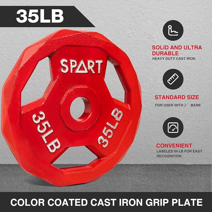 SPART Color Coded Weight Plate 2-Inch Cast Iron Tri-Grip Plate for Barbell,Solid Cast Iron Olympic Weight Plates for Strength Training, Weightlifting, Crossfit, 2.5/5/10/15/25/35/45LB, Single/Pair/Set