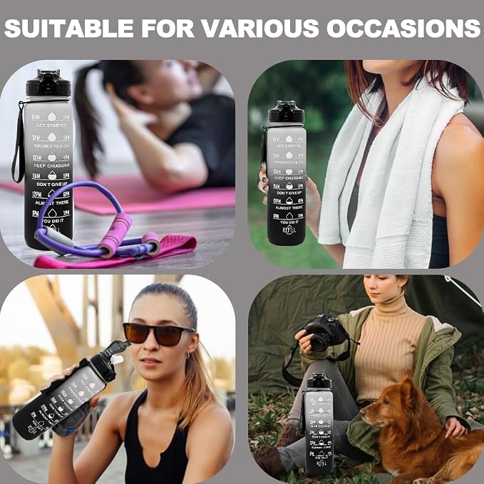 32oz Sports Water Bottle Outdoor, with Drinking Time and Capacity Labels, Sport Water Cups with Straw,BPA Free Leak Proof,for Fitness Gym Running Climbing (Grey black)