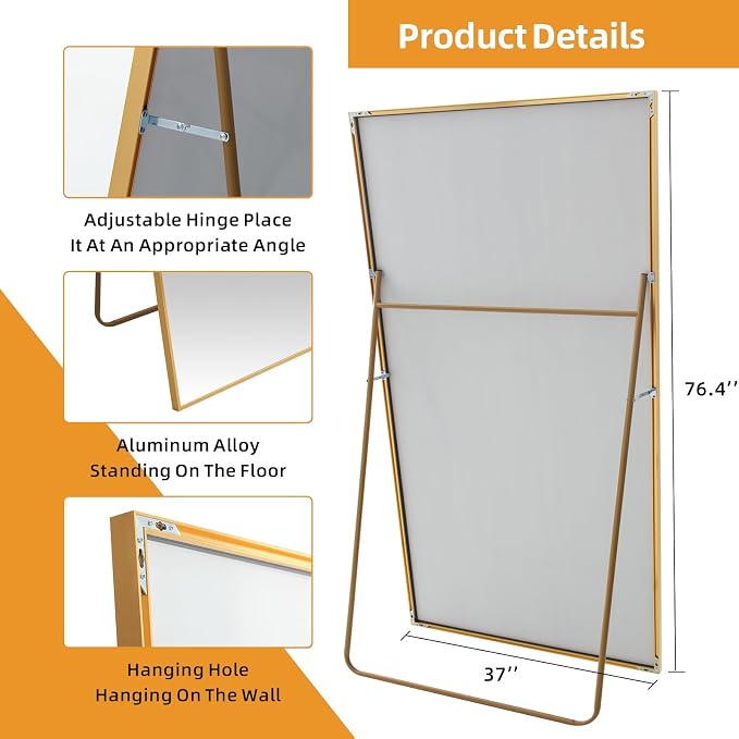 LFT HUIMEI2Y 76.4"x37" Full Length Mirror, Gold Floor Mirror | Tempered Oversized Mirror Full Body with Aluminum Alloy Frame; Standing, Leaning, or Wall Mount for Bedroom, Living Room