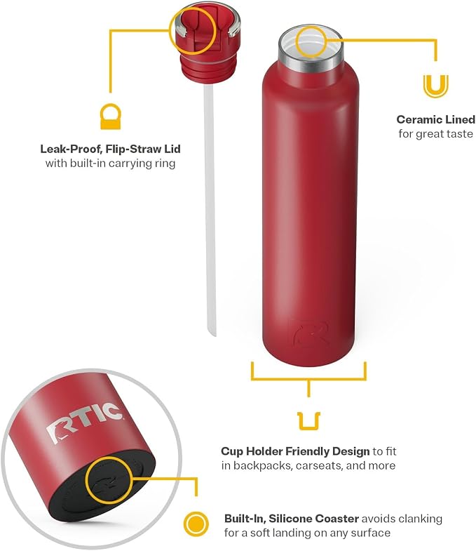 RTIC 26oz Journey Water Bottle Ceramic Lined Metal Stainless Steel Vacuum Insulated, BPA Free, Reusable, for Water, Hot and Cold Drinks, Travel, Sports, Camping, Flag Red