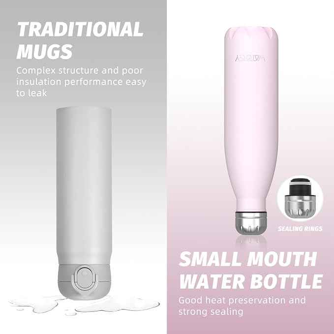 WATERSY Stainless Steel water bottles,17oz/500ml Insulated Water Bottle | Pink metal water bottle Keeps Drink Cold and Hot,BPA Free kids water bottles for School,Gym,Travel,Sports