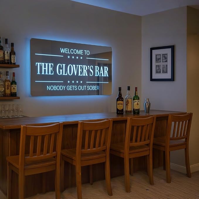 Custom Mirror Bar Sign, Handmade Personalized 3D Bar Led Light Sign for Wall Decor, Light up Mirror Sign for Home Man Cave Club Pub Shop Cafe Party Backard Patio, Best Gift for Dad Men