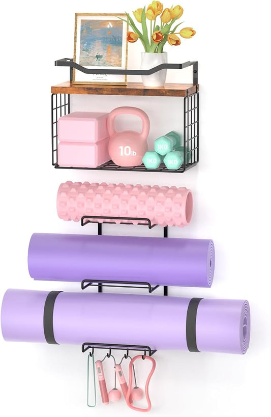Yoga Mat Holder Wall Mount, Yoga Accessory Mats Storage Rack , Home Gym Accessories Organizer Storage With Wood Floating Shelves, Storage Basket and 4 Hook For Hanging Yoga Strap & Resistance Bands