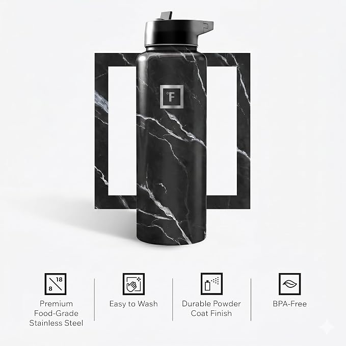 IRON °FLASK 40 oz Wide Mouth Water Bottle with 3 Lids | Insulated Stainless Steel Sports Water Bottle with 3 Leakproof Lids - BPA Free, Cold 24 Hrs, Sweat Free (Black Marquina)
