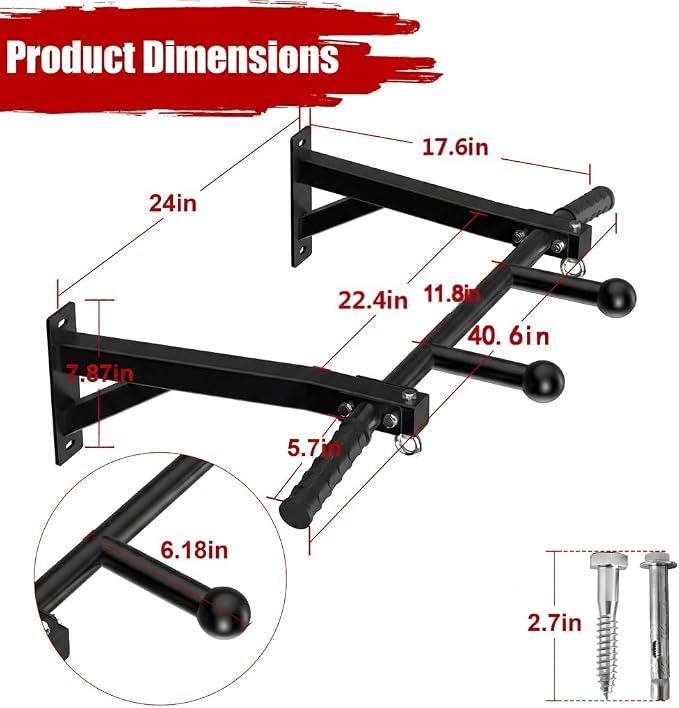 Upgrade Wall Mount Pull Up Bar, Heavy Duty Steel PullUp Bar Fits 24'' Wood Studs, Multi Grip Pull Up Bar with Ball Finger & Round Rings, for Home Gym Garage Basement Strength Training Chin Up Bar