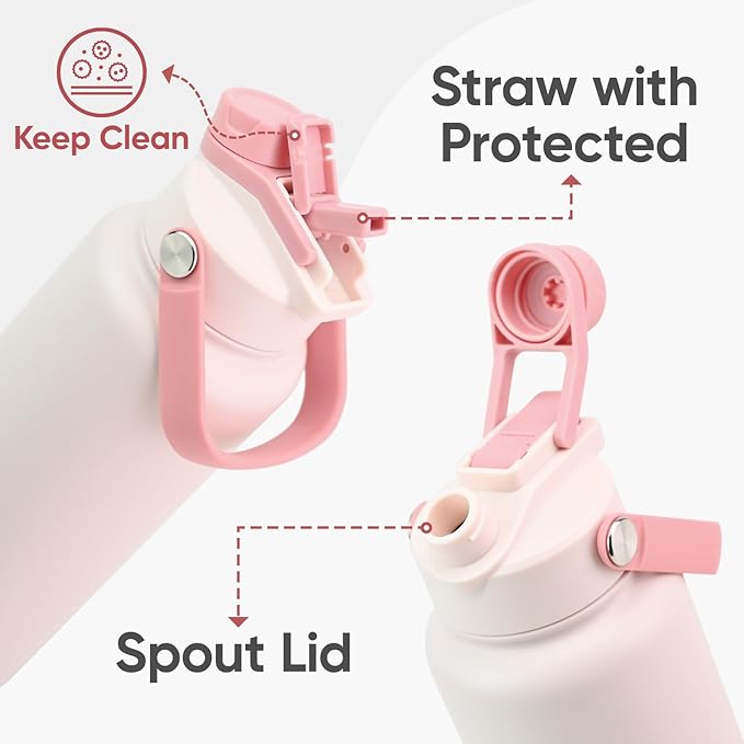 KEWIXY 24 oz Insulated Water Bottle, 2-in-1 Lid, Straw & Spout with Protected, Leak Proof, Keep Cold, Stainless Steel, Metal, Reusable, Handle, for Travel, Gym and School, 2 Lids, Blush Pink