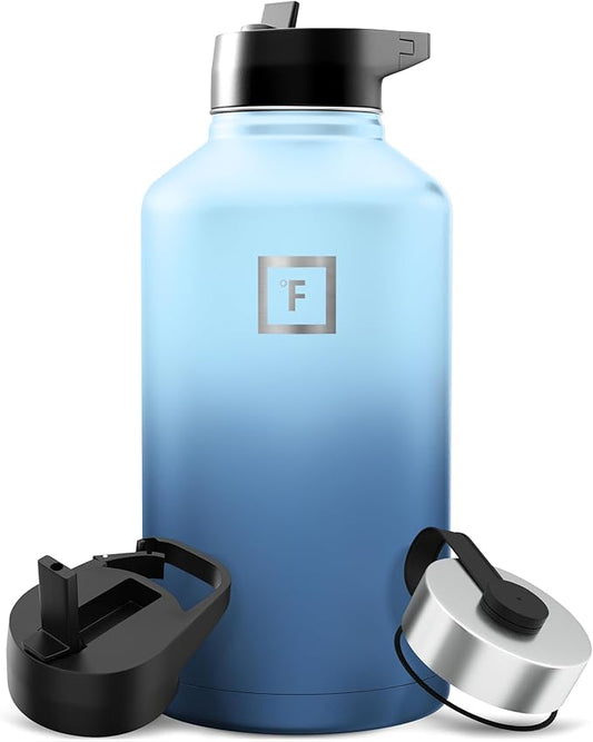 IRON °FLASK 64 oz Wide Mouth Water Bottle with 3 Lids | Insulated Half Gallon Water Bottle with 3 Leakproof Lids - BPA Free, Cold 24 Hrs, Sweat Free (Blue Waves)
