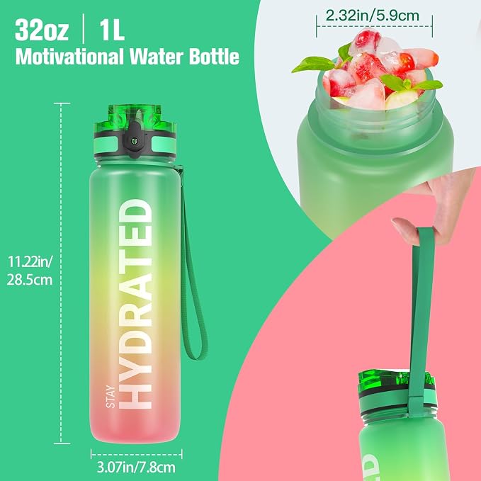Sahara Sailor Water Bottle 32oz, Tritan Sports Bottle with Time Marker | Bpa Free, Leakproof Wide Mouth With Fast Flow Lid And Cleaning Brush, For Gym School Office Travel, 1 Count