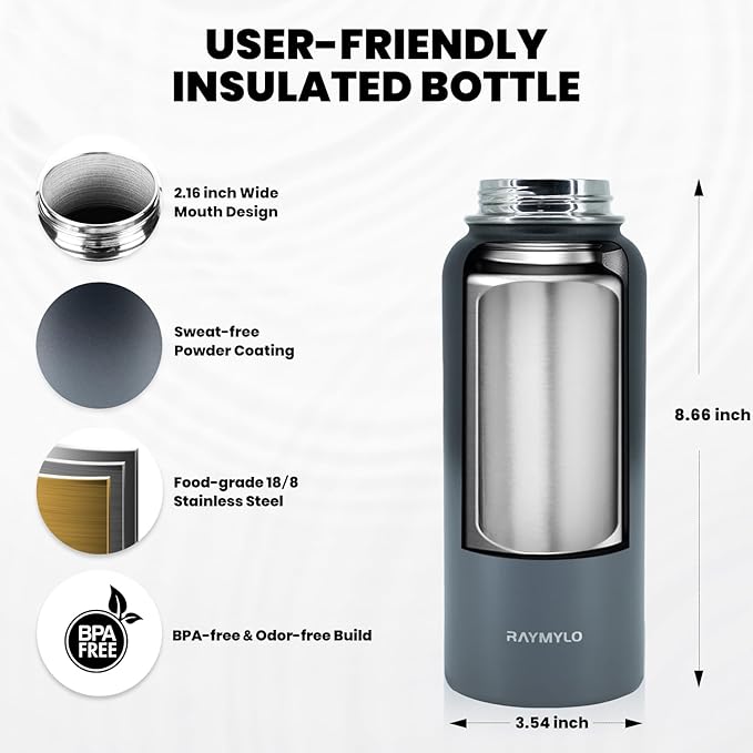 RAYMYLO Insulated Water Bottle 32 oz, Triple Wall Vacuum Stainless Steel (Cold for 24Hrs, Hot for 12Hrs), Leak Proof & Non-BPA, Modern Water Flask Jug with Paracord Handle & Straw Spout Lids | (Cold for 24Hrs, Hot for 12Hrs), Leak Proof & Non-BPA, Mode...