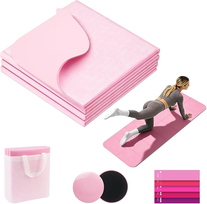 Foldable Yoga Mat with Resistance Band & Sliding Discs, 0.24" Thick Eco-Friendly TPE Non-Slip Workout Mat, Portable for Yoga, Pilates, Home Gym & Travel (72." x 24" x 0.24")