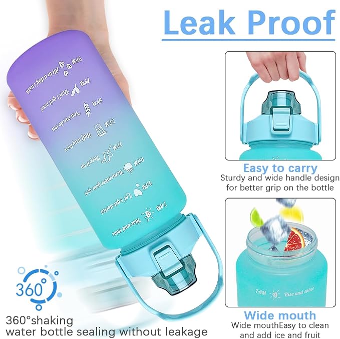 64 oz Large Capacity Water Bottle with Motivational Time Markers and Straw, Portable, Leakproof, BPA Free for Fitness, Gym and Outdoor Sports. (green gradient)