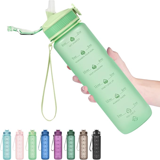 Hyeta Plastic Water Bottle With Straw & Time Marker, 32oz Leakproof Jug | Motivational Tritan BPA Free Gym Office Outdoor Intake Tracker Hourly Reminder Straw Lid Lightweight