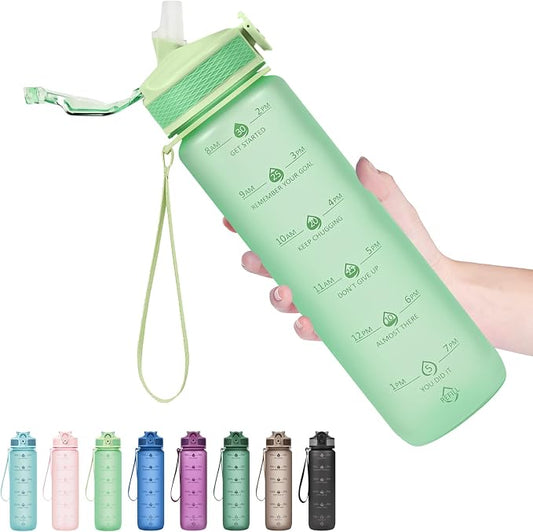 Hyeta Plastic Water Bottle With Straw & Time Marker, 32oz Leakproof Jug | Motivational Tritan BPA Free Gym Office Outdoor Intake Tracker Hourly Reminder Straw Lid Lightweight