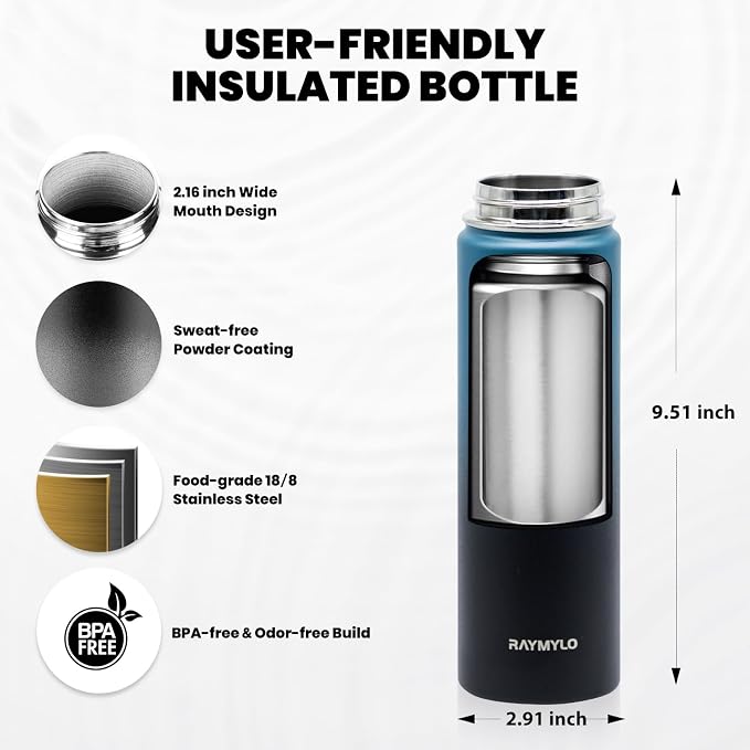 RAYMYLO Insulated Water Bottle 20 oz, Triple Wall Vacuum Stainless Steel | (Cold for 24Hrs, Hot for 12Hrs), Leak Proof & Non-BPA, Modern Water Bottle Jug for School with Straw Spout Lids
