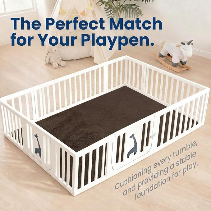 Baby Play Mat for Floor,1.3" Thick Elasti-Foam 74"×50" Playpen Mat, Non-Toxic Certified Water-Repellent Coral Velvet, Non-Slip Safe Crawling Mat for Tummy Time, Toddler & Infant(Dark Brown)