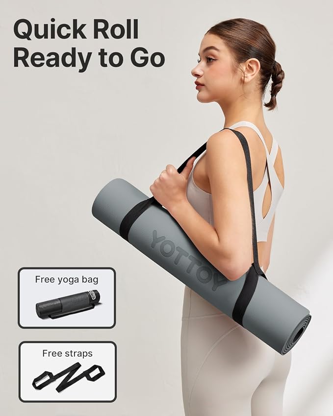 Yoga Mat,Non-Slip TPE Exercise Mat(1/4 Inch) for Pilates, Fitness & Barefoot Workouts, Home Gym Studio with Strap & Bag