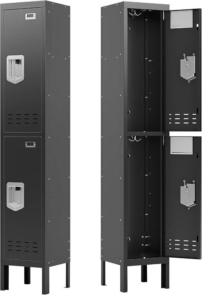 BUTISOW Metal Storage Locker with Lock & Card Slot Locker - Secure Lockable Door - Steel Locker for School, Office, Gym, Home - 66.15" H x 11.8" W x 11.8" D（2 Door, Black）