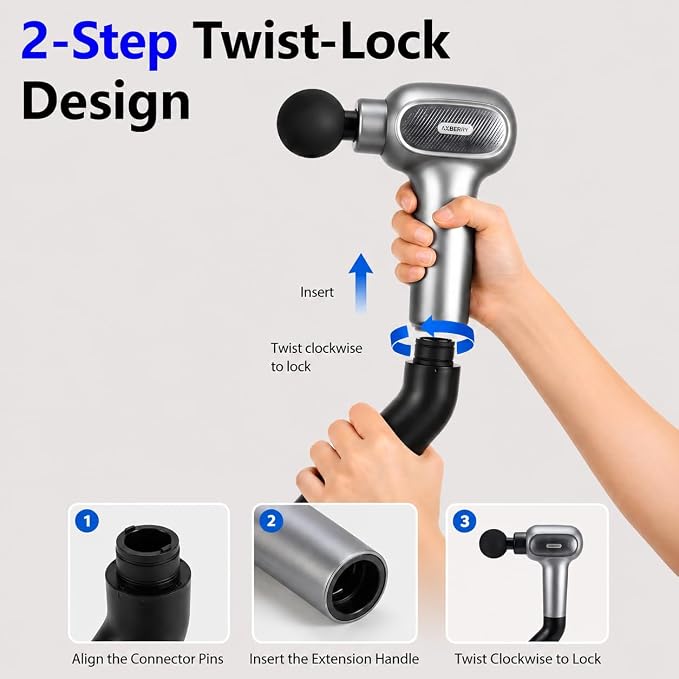 AxBerry Massage Gun, Deep Tissue Percussion Massager with Heat & Detachable Extension Handle, Handheld Muscle Massager for Back, Neck & Shoulders Pain, Portable Massage Gun, Muscle Gun