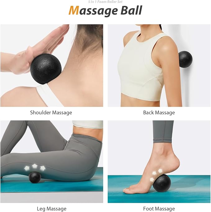 SUBCULTUREPICK 5 in1 Foam Roller Set, Trigger Point Foam Roller Deep Tissue | Massage Roller Stick, Massage Ball, Resistance Band for Physical Therapy, Pilates Yoga,Fitness Exercise for Whole Body Black