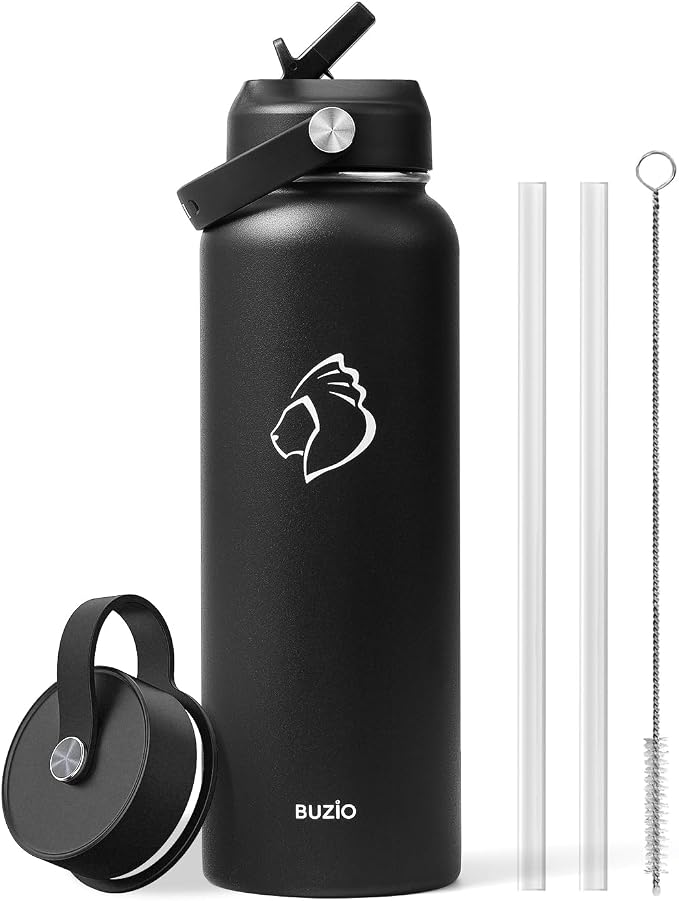 BUZIO 40oz Insulated Water Bottle, Triple Wall Vacuum Stainless Steel Water Flask with 2 lids, Lead-Free BPA-Free Straw Lid Sports Canteen Jug, Cold 48H & Hot 24H- Black | 40 oz Insulated Stainless Steel Water Flask (Cold for 48 Hrs/Hot for 24 Hrs), Di...