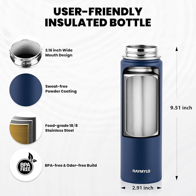 RAYMYLO Insulated Water Bottle 20 oz, Triple Wall Vacuum Stainless Steel | (Cold for 24Hrs, Hot for 12Hrs), Leak Proof & Non-BPA, Modern Water Bottle Jug for School with Straw Spout Lids