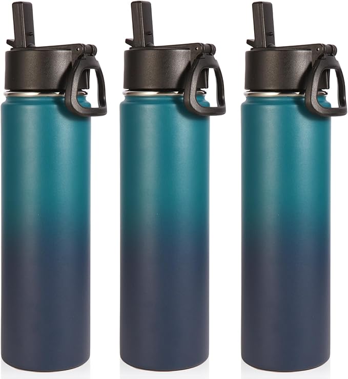 Volhoply 24oz Insulated Water Bottle With Straw Bulk 3 Pack,Metal Wide Mouth Water Bottles With Handle Keep Cold,Reusable Double Wall Cups,Powder Coated Sport Bottle For Holder(Dark Night,3 Count)