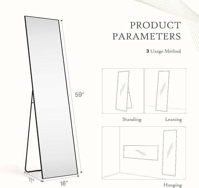 NEWBULIG 59"x16" Full Length Mirror, Full Body Standing Mirror, Black | Leaning or Standing, Tempered Glass, Aluminum Alloy Thin Frame Floor Stand for Bedroom, Cloakroom