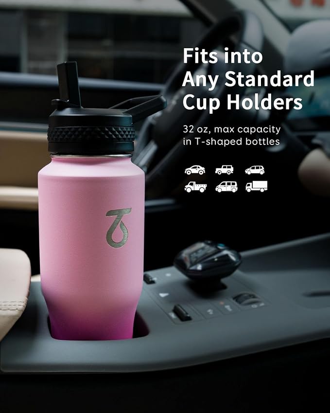 Trebo 32 oz Water Bottle Insulated Fits in Any Car Cup Holder with 2 Lids | Stainless Steel T-shape Tumbler with Paracord Handle, Triple Wall Vacuum Copper Plated, Cold 48 Hrs for Travel, Leakproof