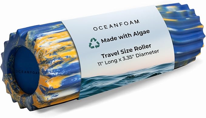 Oceanfoam Ripple Travel Foam Roller (11" x 3.35") Firm Mini Foam Roller for Physical Therapy, Deep Tissue Massage, Back Pain, High Density, Wave Textured, Yoga, Exercise (Royal Gold & Natural Marbled)
