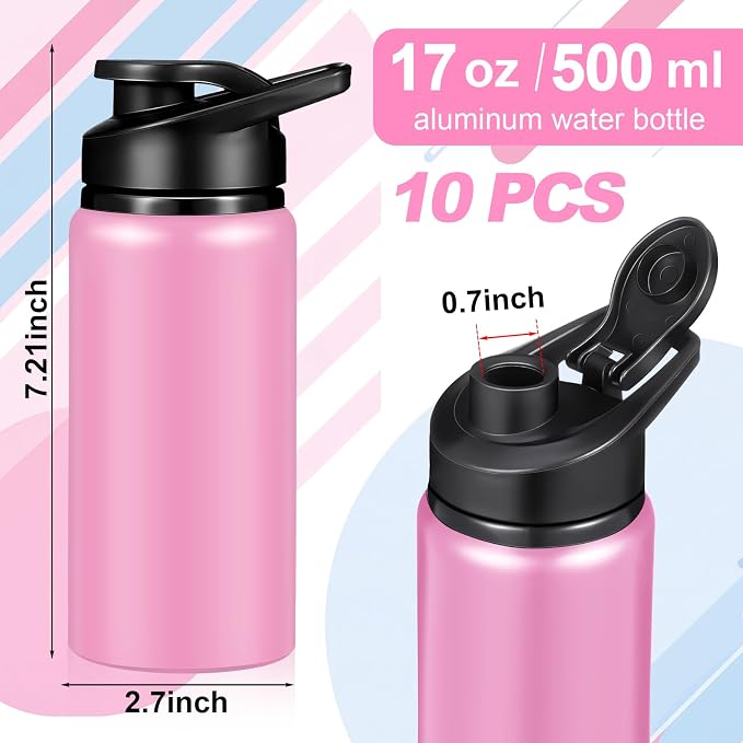 Mimorou 10 Pack Aluminum Water Bottles Bulk 17oz Reusable Leak-Proof Lightweight Sport Bottles Set for Travel Gym Team Camping & Party Favors, 10 Colors