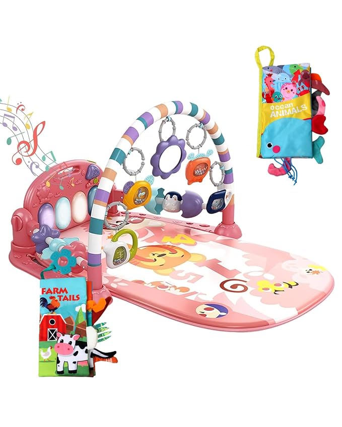 dearlomum Pink Tiger Baby Play Mat Gym with Piano & 2 Baby Book Toys