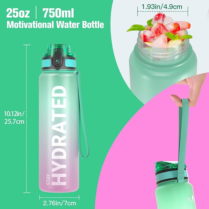 Sahara Sailor Water Bottle 25oz, Tritan Sports Bottle with Time Marker | Bpa Free, Leakproof Wide Mouth With Fast Flow Lid And Cleaning Brush, For Gym School Office Travel, 1 Count