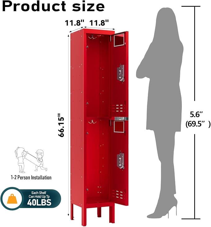 BUTISOW Metal Storage Locker with Lock & Card Slot Locker - Secure Lockable Door - Steel Locker for School, Office, Gym, Home - 66.15" H x 11.8" W x 11.8" D（2 Door, Red）