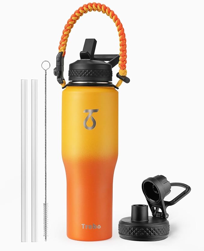 Trebo 32 oz Water Bottle Insulated Fits in Any Car Cup Holder with 2 Lids | Stainless Steel T-shape Tumbler with Paracord Handle, Triple Wall Vacuum Copper Plated, Cold 48 Hrs for Travel, Leakproof