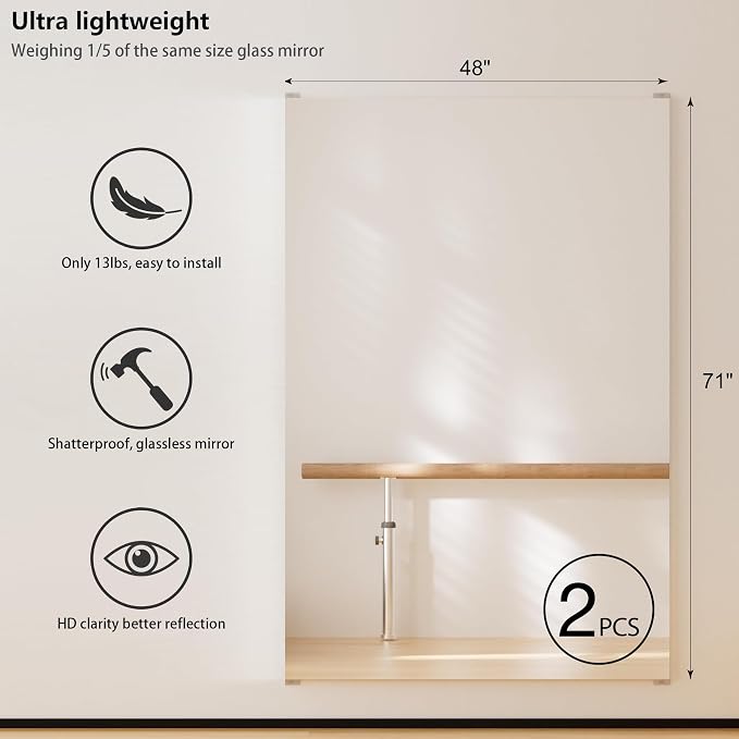 2PCS Full Length wall Mirror, 71" x 47", Nano Film Surface Without Glass, shatterproof, Safe, Lightweight, only 13lbs Easy to Move and Install, for Home Gym, Dance Studio, Yoga Studio.