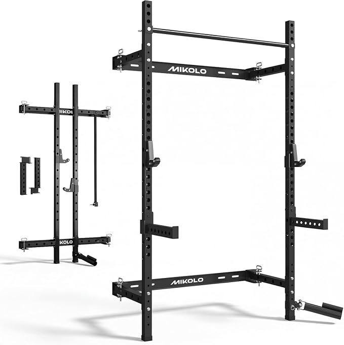 Mikolo 2" x 2" Folding Wall Mounted Squat Rack, 1000 Pounds Capacity Power Rack with Pull Up Bar, J Hooks and Other Attachments, Space-Saving Home Gym