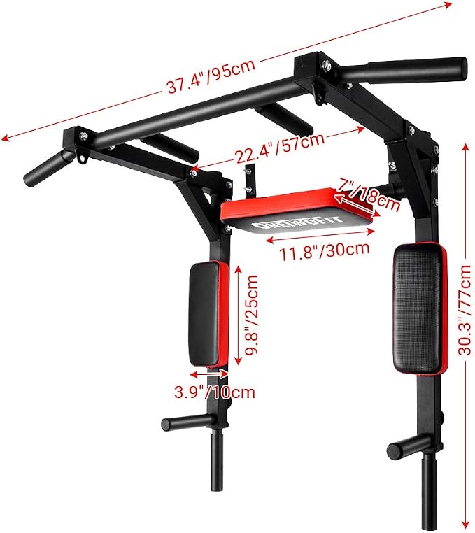 OneTwoFit Multifunctional Wall Mounted Pull Up Bar Chin Up bar Dip Station for Indoor Home Gym Workout, Power Tower Set Training Equipment Fitness Dip Stand Supports to 440 Lbs