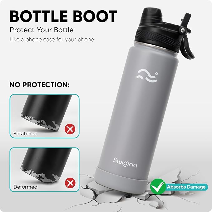 Swigina [2-IN-1 LID] Insulated Water Bottle with Silicone Boot (36hrs Cold/18hrs Hot) - DIY Stickers, Leakproof, BPA Free, 24 oz