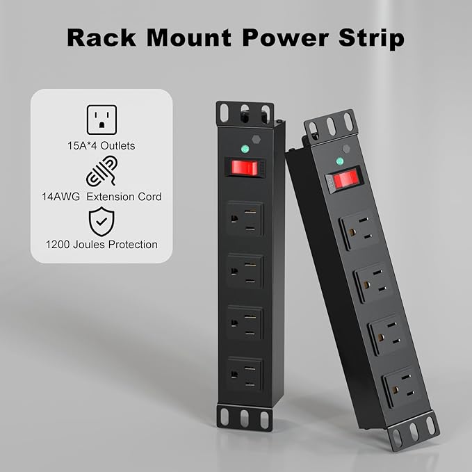 HEZI 10 Inch Rack PDU, 1U Rack Mount, 4 Outlets, 1200J Surge Protection | 15A Overload Switch,6FT 14AWG Extension Cord,for Mini Server Cabinet Network Rack, Black,ETL Listed