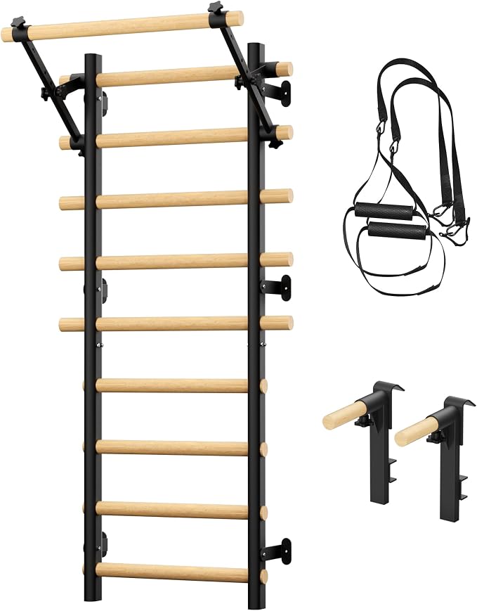 Swedish Ladder Wall Gym, Wooden Wall-Mounted Stall Bars with Pull-up Bar & Exercise Straps & Dip Bars, Stretching Ladder Full Body Home Gym Adults New